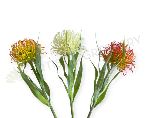 F0360-S92 Faux Pincushion Protea with Leaves 52cm 3 Colours| ARTISTIC GREENERY